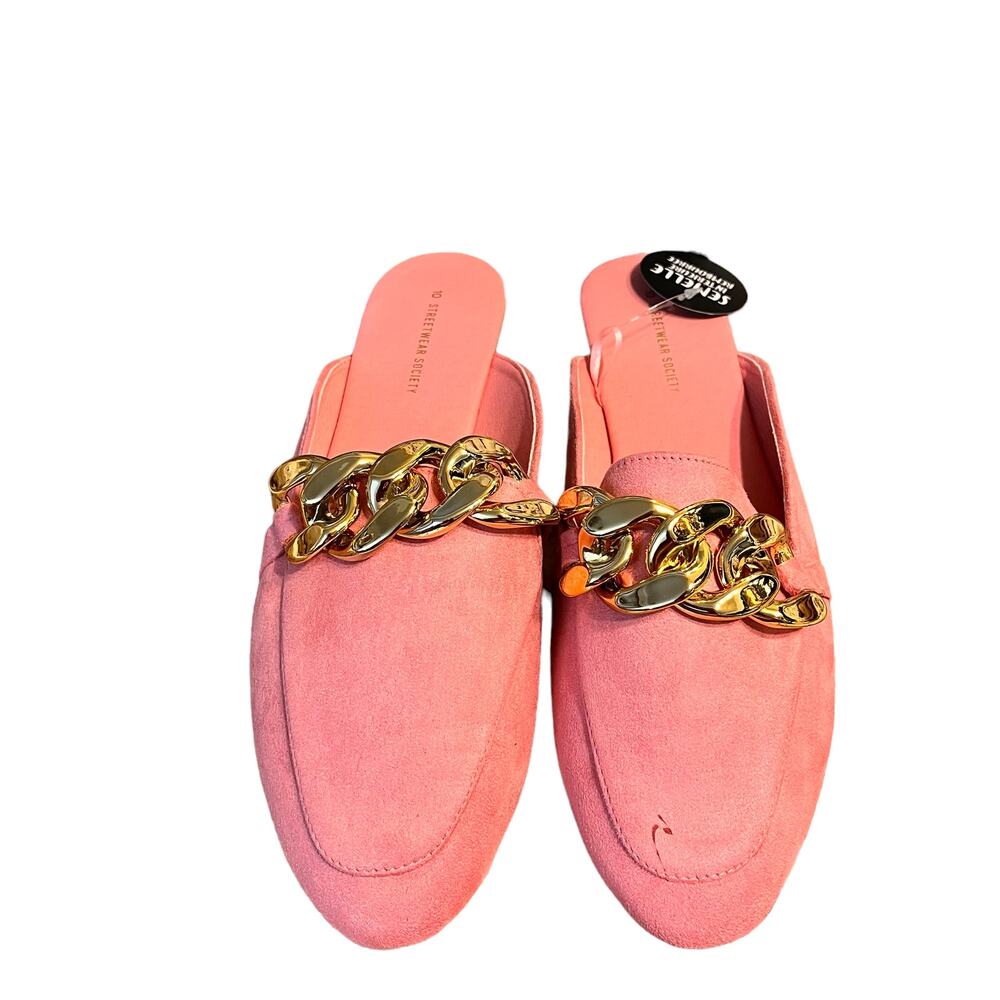 Streetwear Society Pink Faux Suede Chunky Chain Slip On Flat Shoes